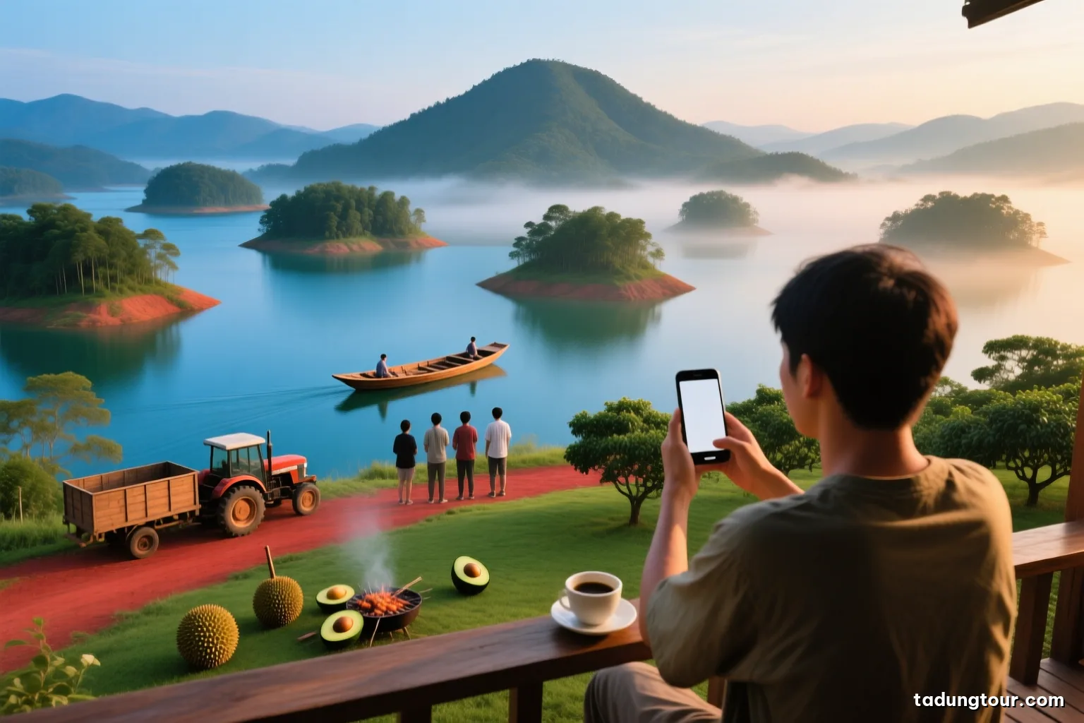 Close view of a traveler sitting on a wooden porch above a highland lake, holding a phone with a blank screen, coffee cup beside, misty islands in soft focus