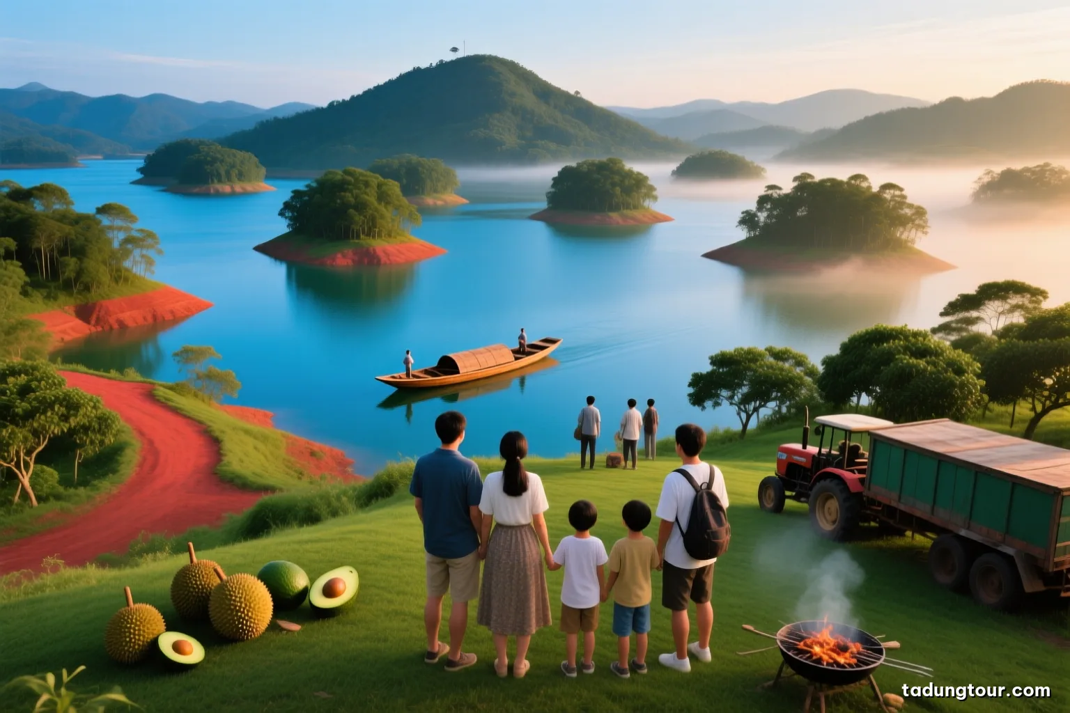 Two groups of travelers mingling on a grassy lawn above a blue reservoir in the Central Highlands, one couple and one larger family group, all seen from behind