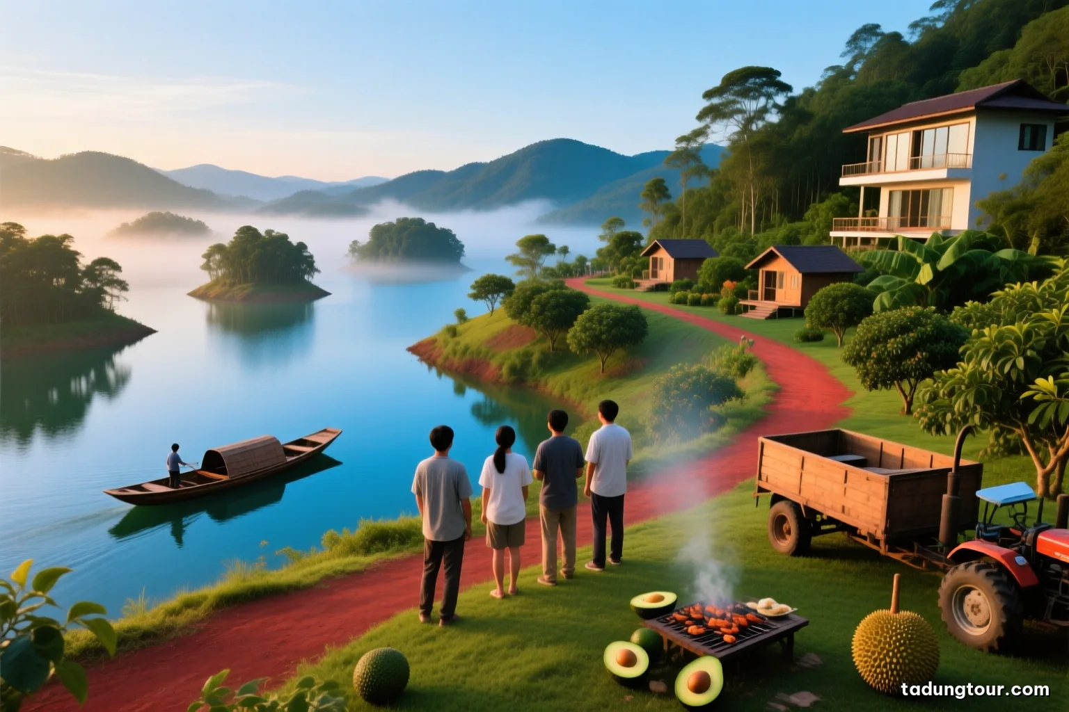 A hillside villa with wide windows overlooking a misty reservoir beside a leafy garden area with small cottages near the water, early morning, no people