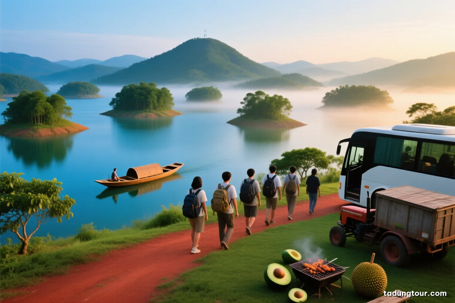 A small tour group with backpacks stepping off a sleeper coach at dawn beside a misty highland reservoir dotted with green islets, seen from behind, soft morning light